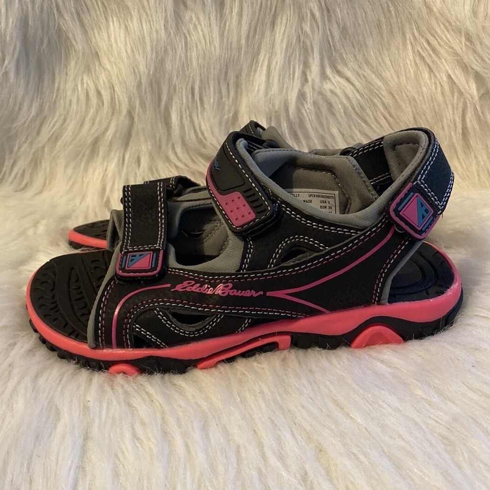 Eddie Bauer Sandals Girls Size 3 Black Pink Open Toe Shoes Adjustable